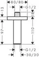 Deckenanschluss von Hansgrohe, mit einem zylindrischen Rohr und einer flachen, runden Platte. Maße und Anschlüsse sind im technischen Diagramm dargestellt.